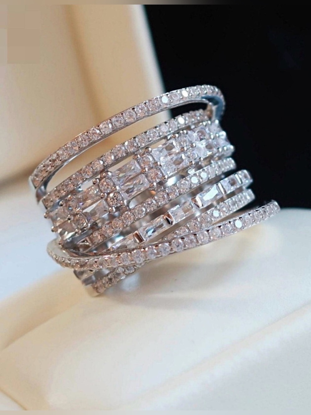 Silver Multi-Row Pavé Diamond Statement Ring Bridal Rings